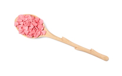 Wooden spoon with sweet candy hearts on white background, top view