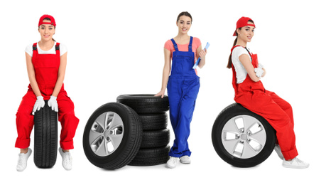 Image of Collage with photos of young mechanic and tires on white background. Auto store 
