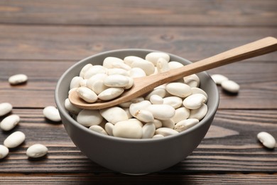 Raw white beans, bowl and spoon on wooden table, closeup