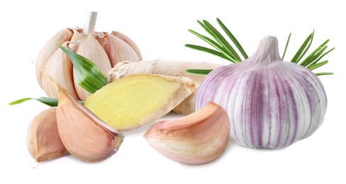 Image of Ginger root, garlic and rosemary on white background