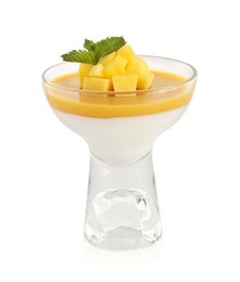 Delicious panna cotta with mango coulis and fresh fruit pieces isolated on white