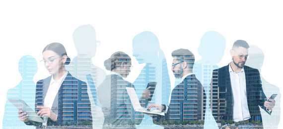 Forex trading. Double exposure of business people with gadgets and cityscape, banner design