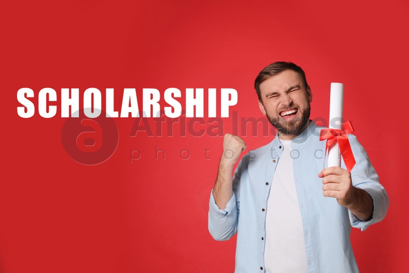 Image of Scholarship concept. Happy student with diploma on red background