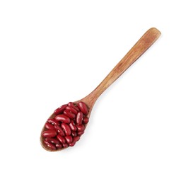 Wooden spoon with raw red kidney beans isolated on white, top view