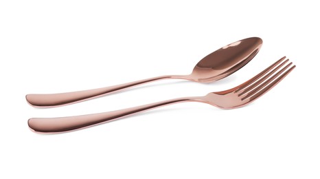 New shiny fork and spoon on white background