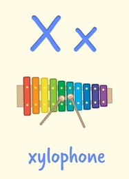 Learning English alphabet. Card with letter X and xylophone, illustration