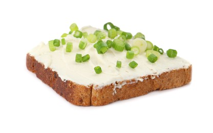 Photo of Delicious sandwich with cream cheese and chives isolated on white
