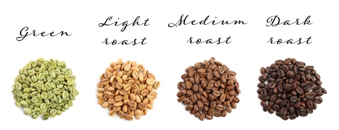 Set with green and roasted coffee beans on white background, top view. Banner design