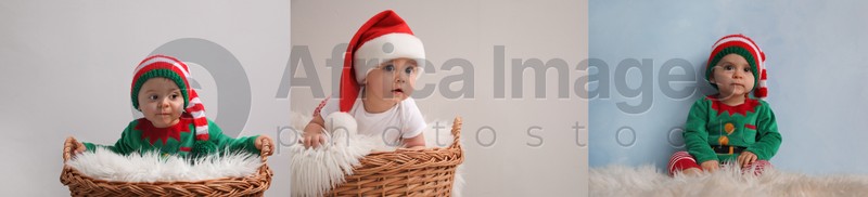 Collage with photos of cute babies on different color backgrounds, banner design. First Christmas 