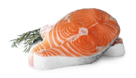 Fresh raw salmon with rosemary on white background. Fish delicacy