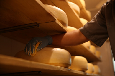 Worker coating cheese with wax in factory warehouse, closeup