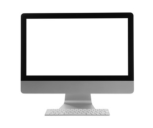 Photo of New computer with blank monitor screen and keyboard on white background