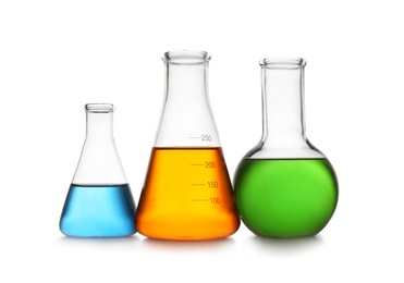 Chemistry glassware with color samples isolated on white