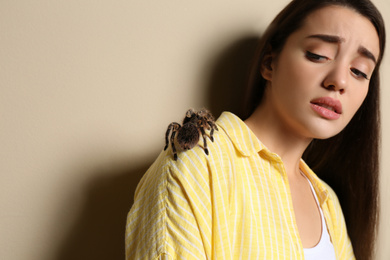 Photo of Scared young woman with tarantula on beige background. Arachnophobia (fear of spiders)