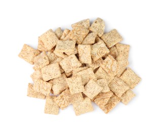 Delicious crispy breakfast cereal on white background, top view