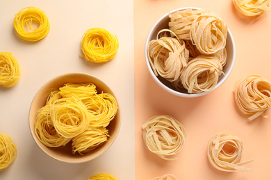 Different types of pasta on color background, flat lay
