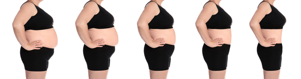 Collage with photos of overweight woman before and after weight loss on white background,closeup. Banner design 