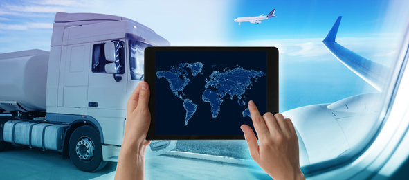 Logistics concept, banner design. Woman using tablet with world map, closeup. Truck and planes on background, toned in blue