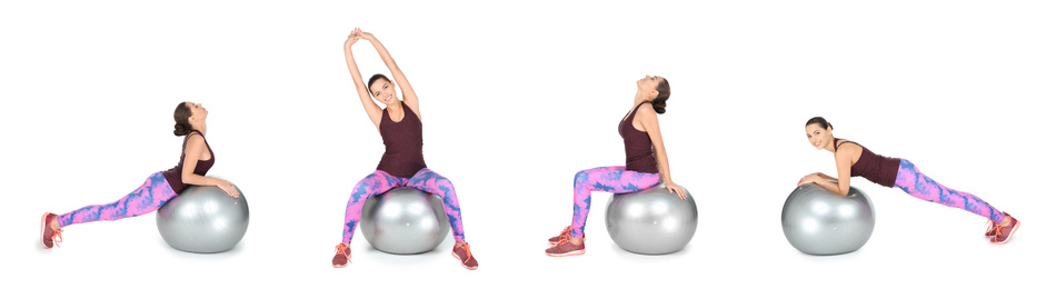 Collage of woman with fitball doing exercises on white background. Banner design