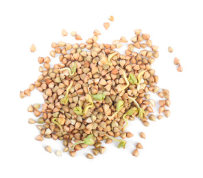 Heap of sprouted green buckwheat isolated on white, top view