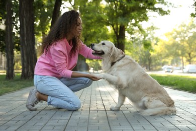 Young African-American woman and her Golden Retriever dog in park