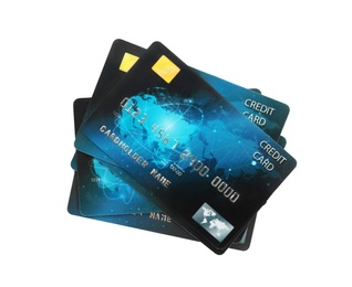 Blue plastic credit cards on white background
