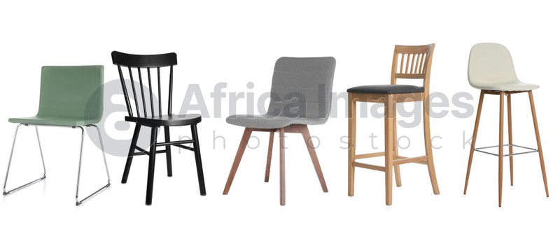 Set with different stylish chairs on white background. Banner design