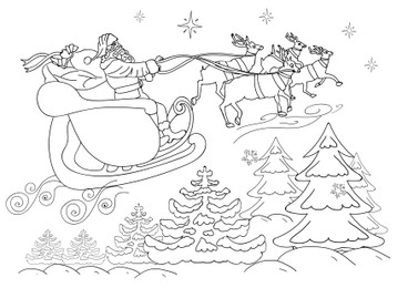 Santa Claus with reindeers flying in sky over forest on white background, illustration. Coloring page 