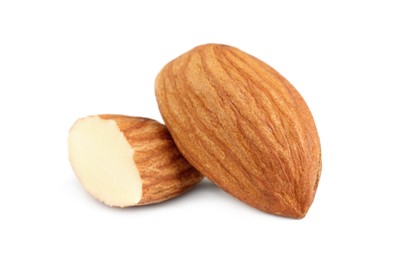 Organic almond nuts on white background, closeup. Healthy snack
