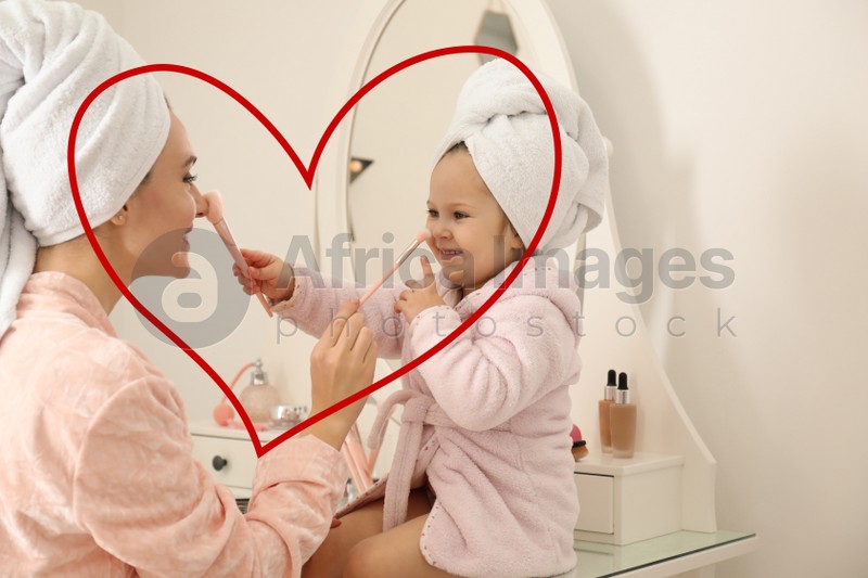 Illustration of red heart and happy mother with little daughter doing makeup at dressing table