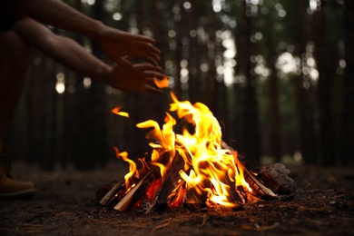 Man warming hands near burning firewood in forest, closeup