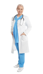 Full length portrait of mature doctor on white background