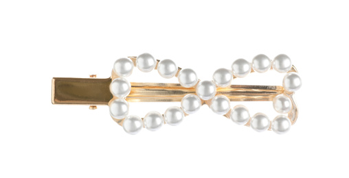 Stylish gold hair clip with pearls isolated on white, top view