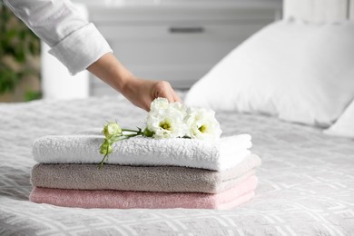 Woman putting beautiful flowers on soft towels indoors, closeup