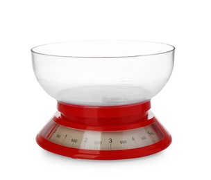 Kitchen scale with plastic bowl isolated on white