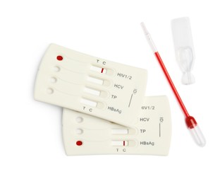 Disposable express hepatitis test kit on white background, flat lay. Space for text