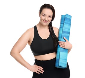 Photo of Happy overweight woman with yoga mat on white background