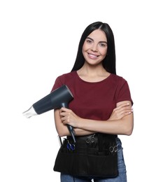 Portrait of happy hairdresser with hairdryer on white background