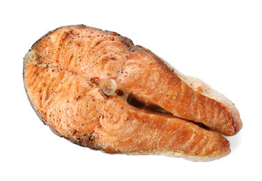 Tasty roasted salmon isolated on white, top view. Fish delicacy