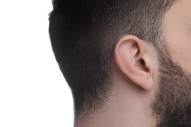 Man on white background, closeup of ear