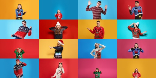 Collage with photos of adults and children in different Christmas sweaters on color backgrounds. Banner design