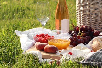 Picnic blanket with tasty food and cider on green grass outdoors