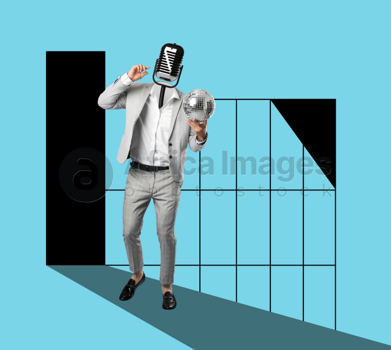 Man with microphone head holding disco ball and dancing on light blue background. Bright creative collage design