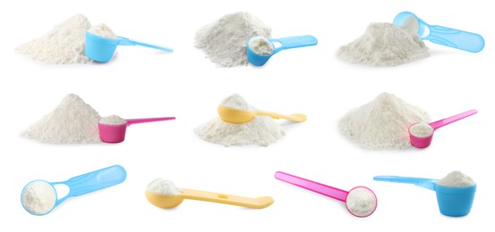 Set with powdered infant formula and scoops on white background. Baby milk