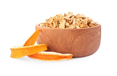 Photo of Bowl of dried orange zest seasoning and fresh peel isolated on white