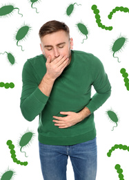 Young man suffering from nausea and bacteria illustration on white background. Food poisoning