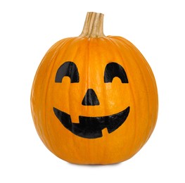 Pumpkin with drawn spooky face isolated on white. Halloween celebration