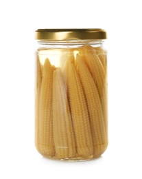 Glass jar with pickled corn cobs isolated on white