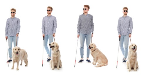 Blind man with long cane and guide dog on white background. Banner design