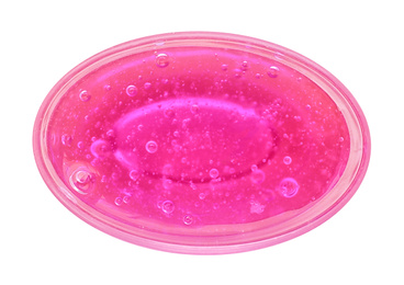 Magenta slime in plastic container isolated on white, top view. Antistress toy